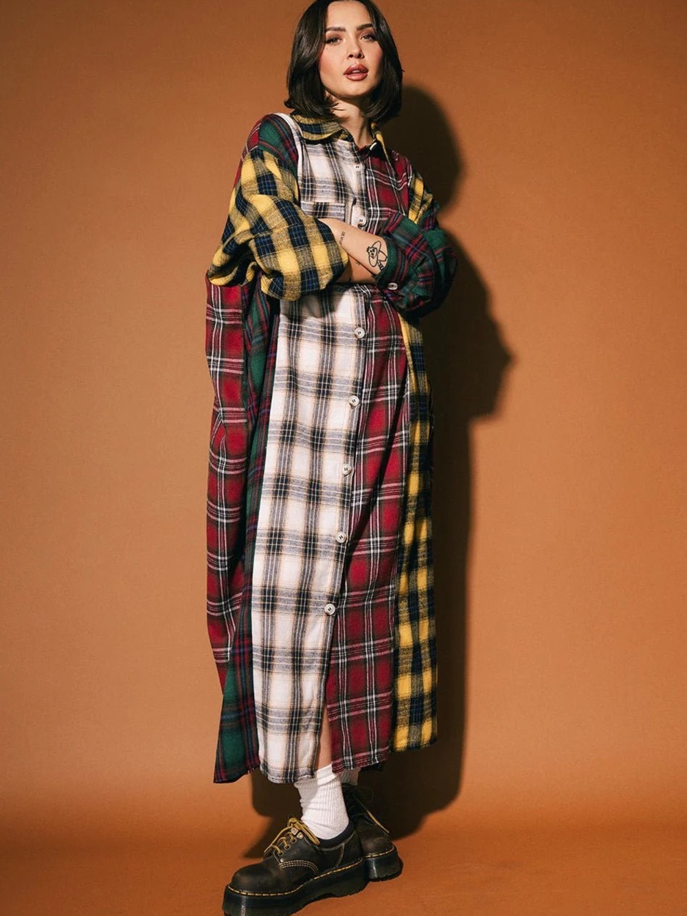 Dressed in LALA Grunge Goddess Flannel in Mixed Patch Plaid - Picture 4 of 8